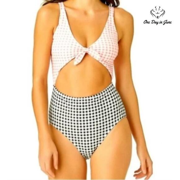 California Sunshine Gingham High Waist One Piece Swimsuit Size L - Picture 1 of 3